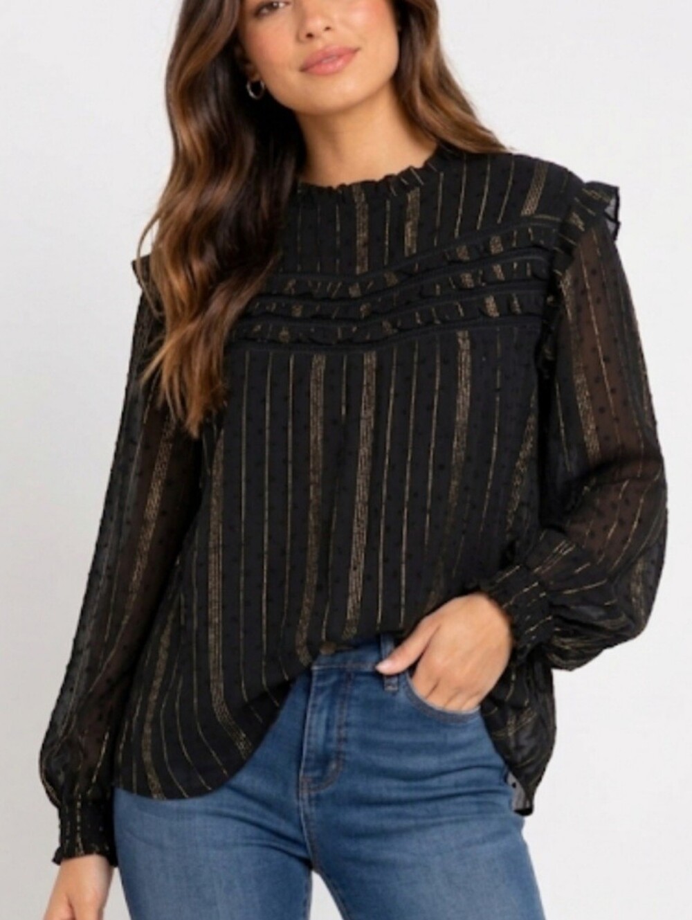 JODIFL Black Blouse with Metallic Gold Stripe Detail Size Large